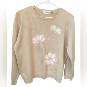 Alfred Dunner Embroidered Sweater Women’s XL Floral Beaded Tan Pink Cottagecore